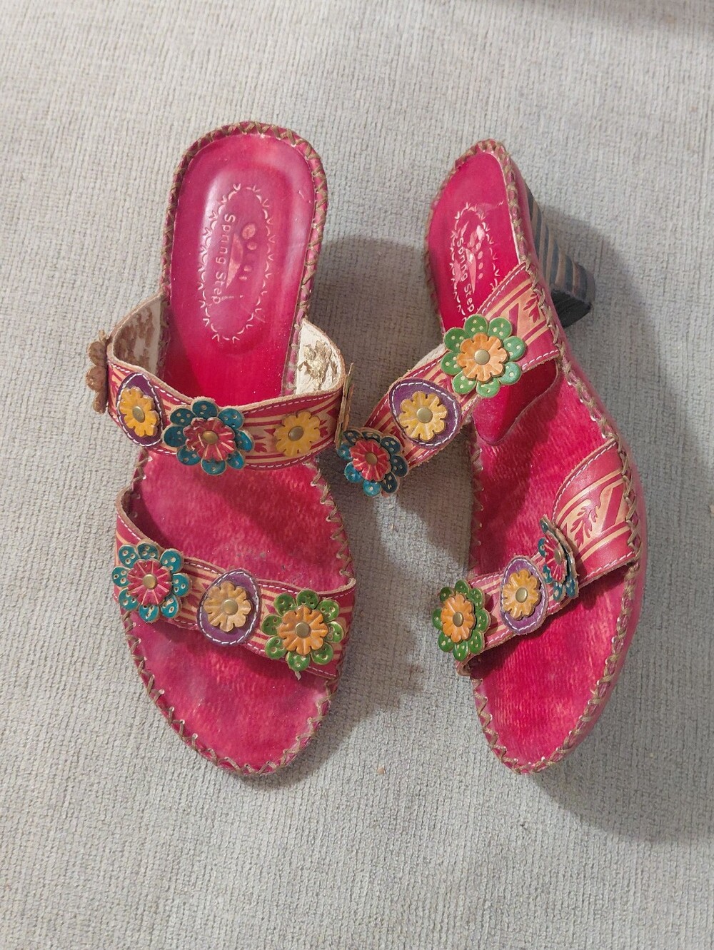 Spring Step Red Floral Leather Slide Kitten Heel Sandals Size 9 - Picture 1 of 12